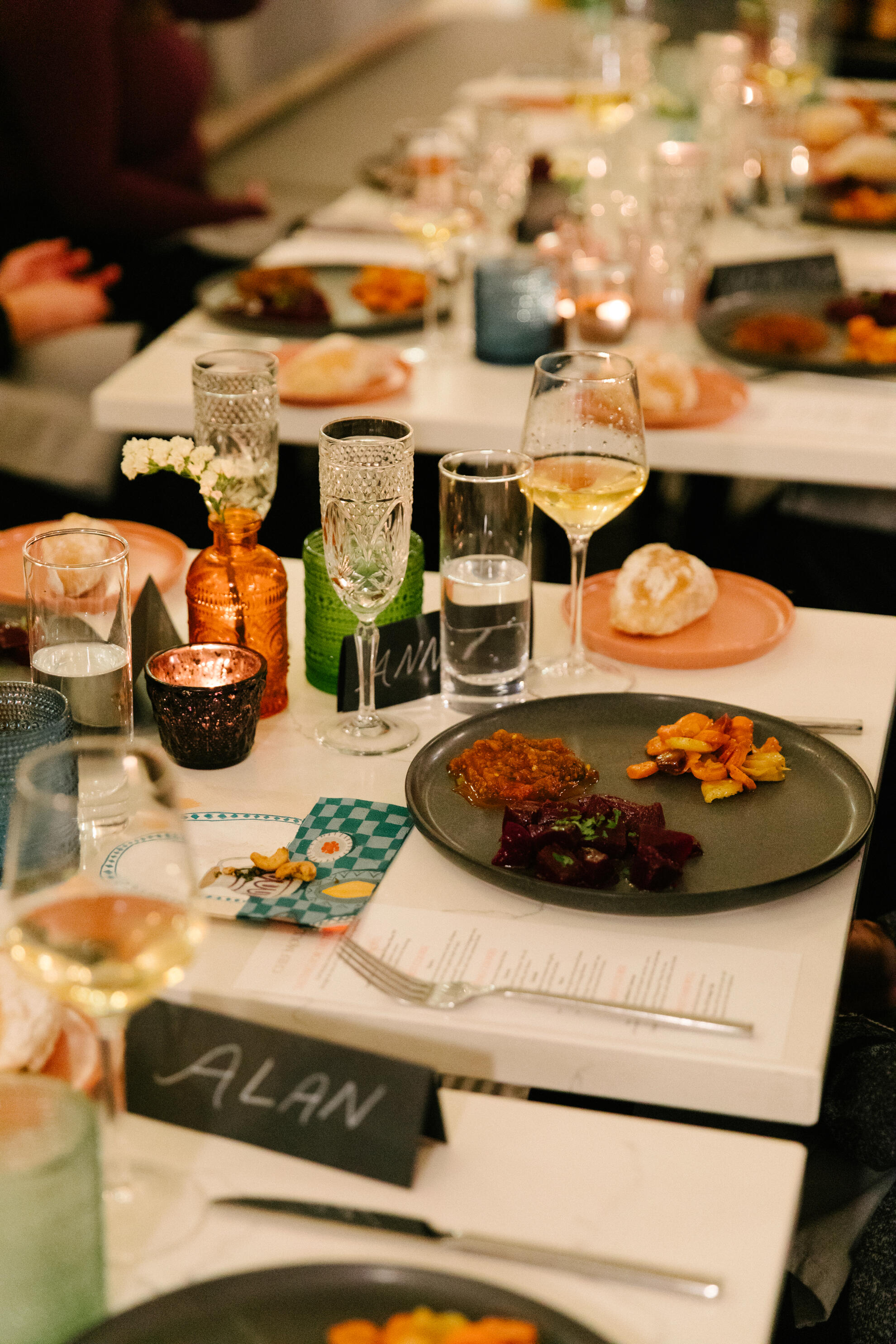 Chef Moulay table setting Trio of Moroccan salads on a plate. chefmoulay.org