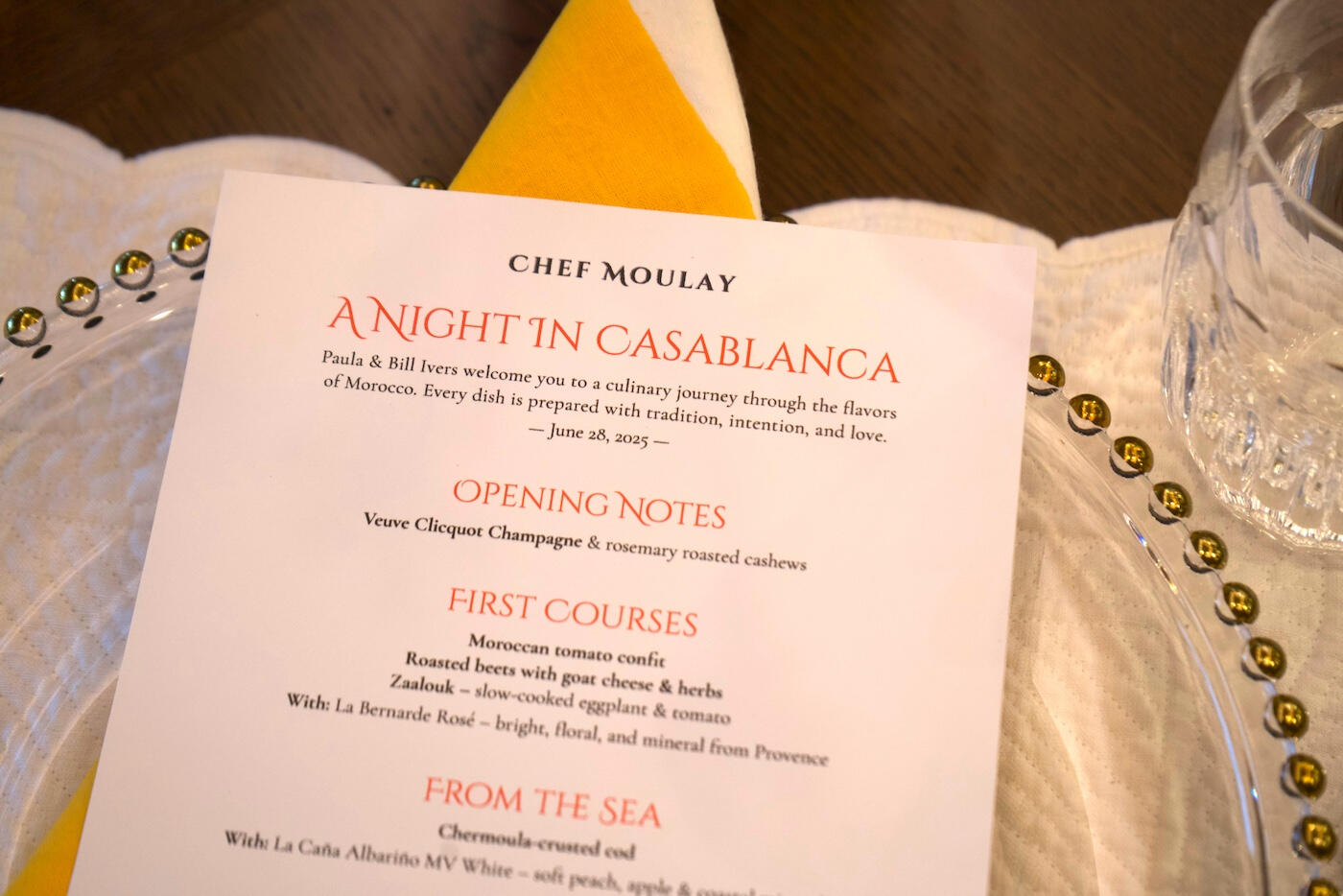 Custom dinner menu Custom printed dinner menu titled “A Night in Casablanca” at an elegant place setting. chefmoulay.org