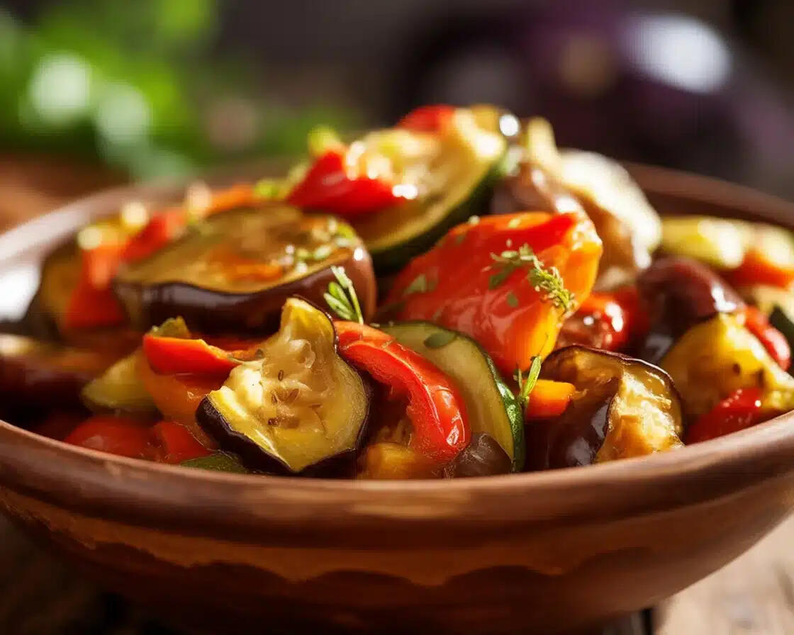 Roasted vegetables Moroccan roasted vegetables—eggplant, zucchini, and peppers—in a clay bowl. chefmoulay.org